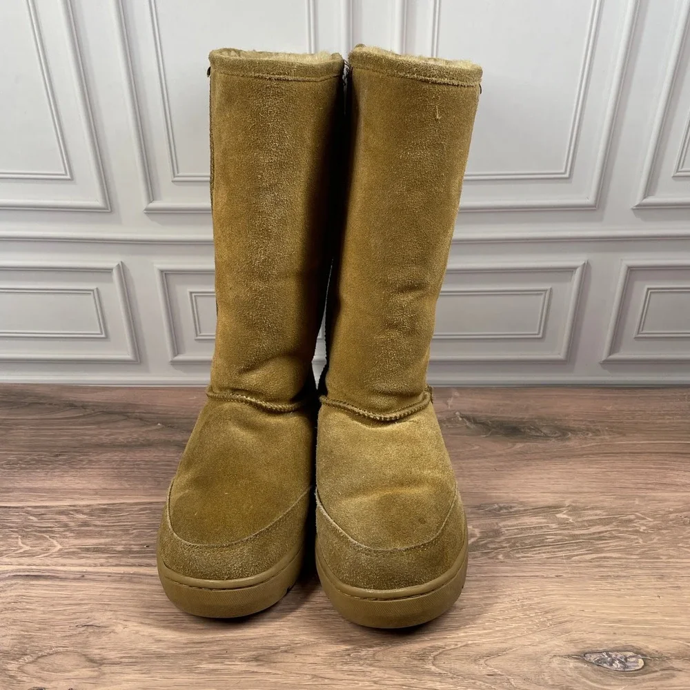 Bearpaw Elle Tall Suede Boots Womens Tan Hickory Faux Fur Lined Winter Pull On 9
